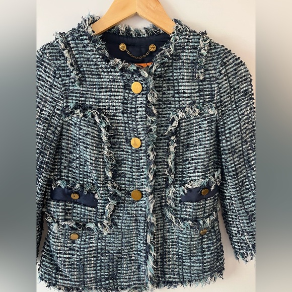 Tory Burch Danielle Tweed Evening Jacket Tweed Blazer Navy and White Size 0 - Picture 2 of 8